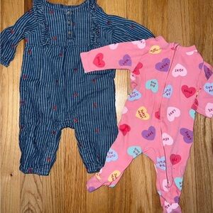 Striped Denim One Piece and Pink Heart Onesie Set